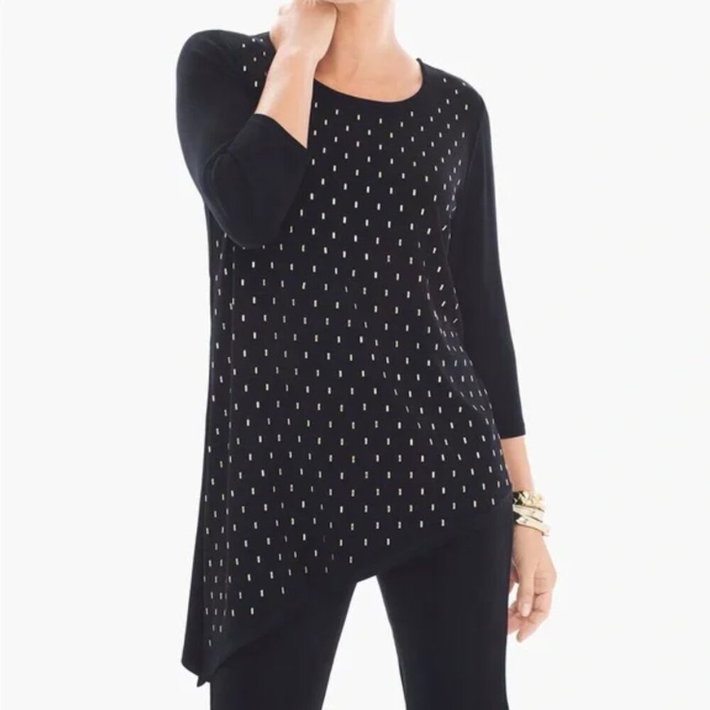 Chicos Travelers Classic 1/M Black 3/4 Sleeves Asymmetrical Sierra Studded Top